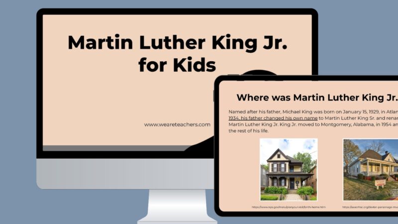 Computer and tablet screens showing Martin Luther King Jr. for Kids Google slides.