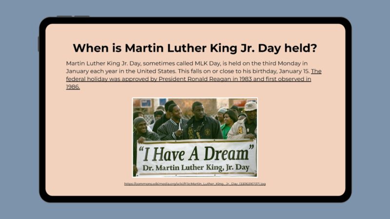 Google slide with photo of people in Martin Luther King Jr. Day parade and info about it.