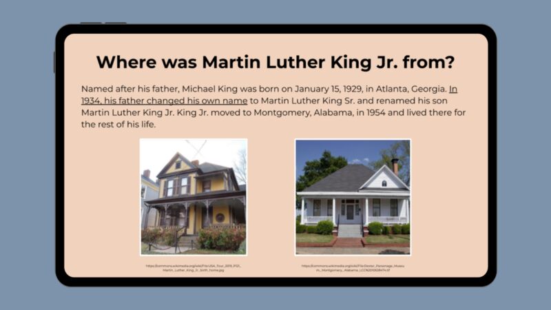 Google slide with photo of MLK's childhood home and info about them.