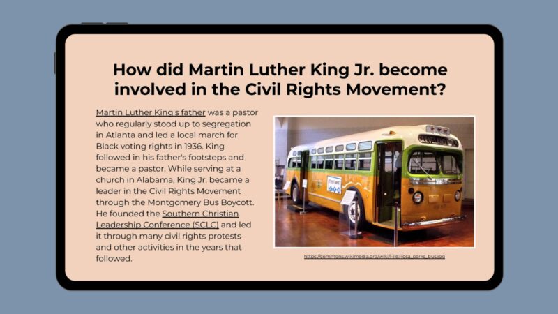 Google slide with photo of Montgomery Boycott Bus and info about how MLK got involved with Civil Rights.
