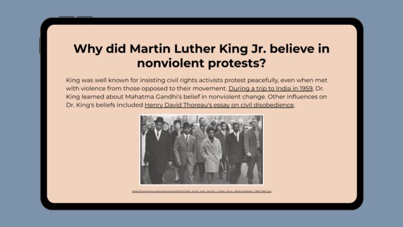Google slide with photo of MLK in a nonviolent protest and info about it.