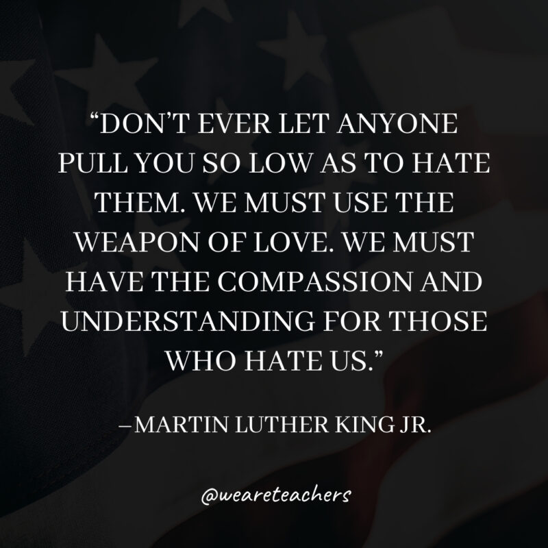 Don't ever let anyone pull you so low as to hate them. We must use the weapon of love. We must have the compassion and understanding for those who hate us.
