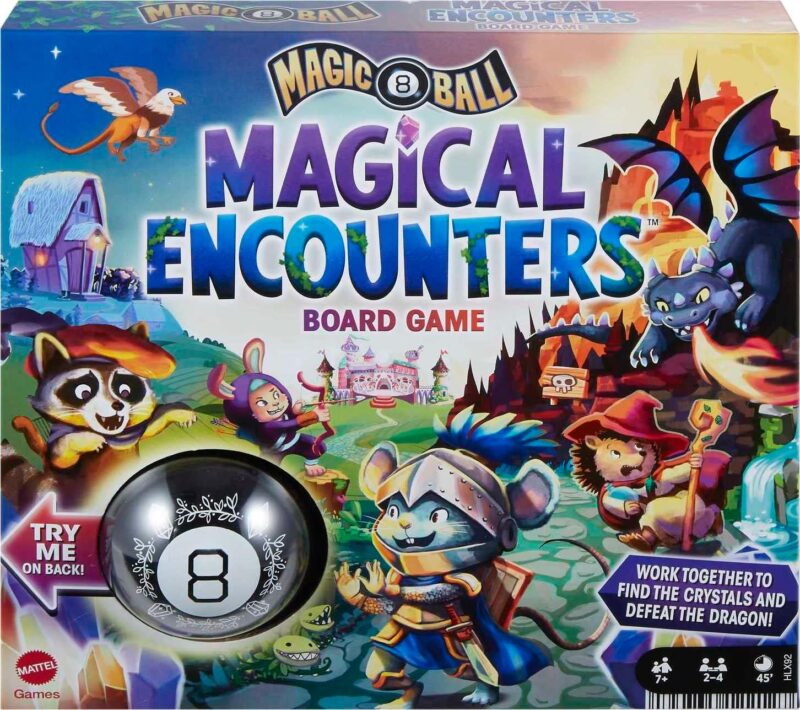 the best cooperative board games for kids include this box that says Magical encounters and features a magic eight ball as well as several cartoon animals.