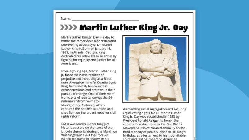 Printable student handout about Martin Luther King Jr. Day on blue background