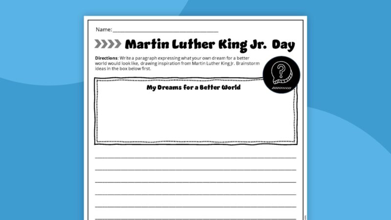 Martin Luther King Jr. writing activity printable on blue background.
