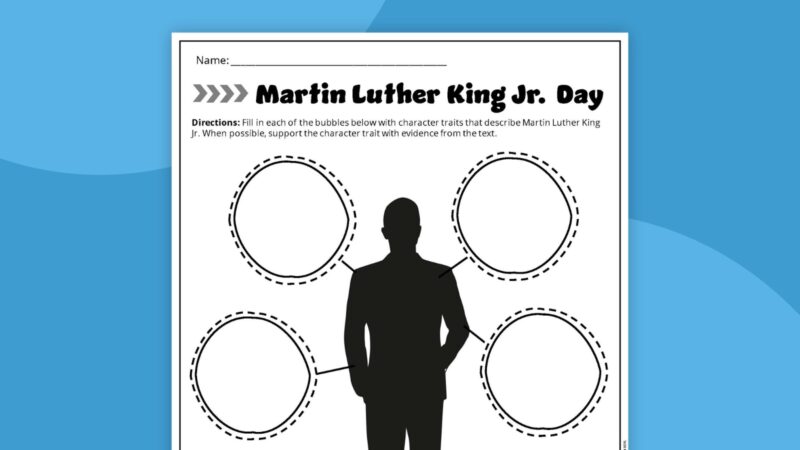 Martin Luther King Jr. character traits graphic organizer printable on blue background.