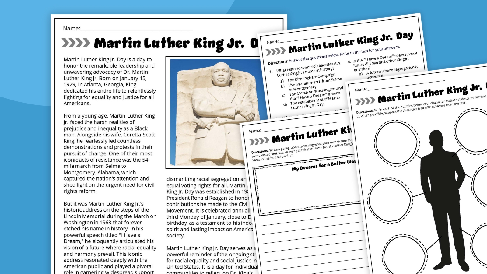 Collage of four printable Martin Luther King Jr. worksheets