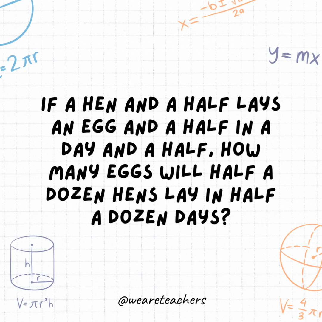 3. If a hen and a half lays an egg and a half in a day and a half, how many eggs will half a dozen hens lay in half a dozen days?