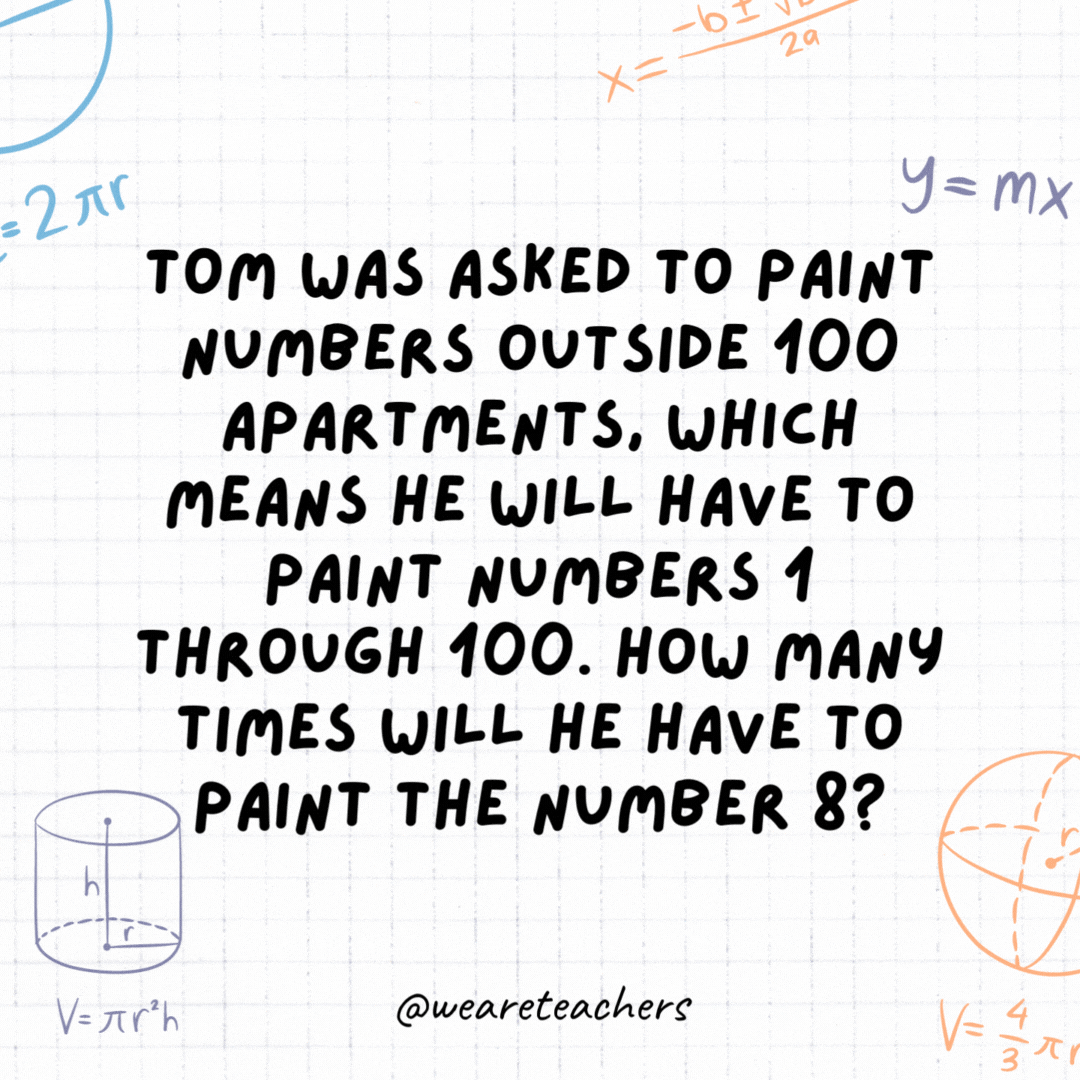 29. Tom was asked to paint numbers outside 100 apartments, which means he will have to paint numbers 1 through 100. How many times will he have to paint the number 8?