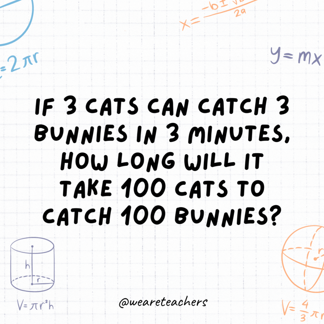 8. If 3 cats can catch 3 bunnies in 3 minutes, how long will it take 100 cats to catch 100 bunnies?