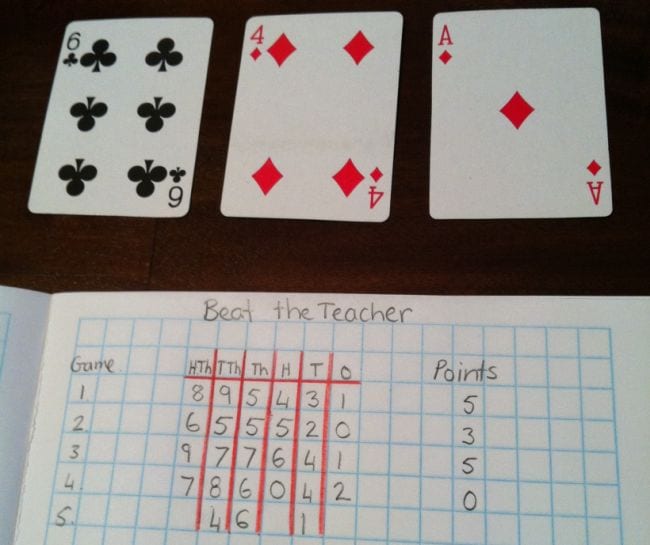 Four playing cards above a chart of place values as example of math card games