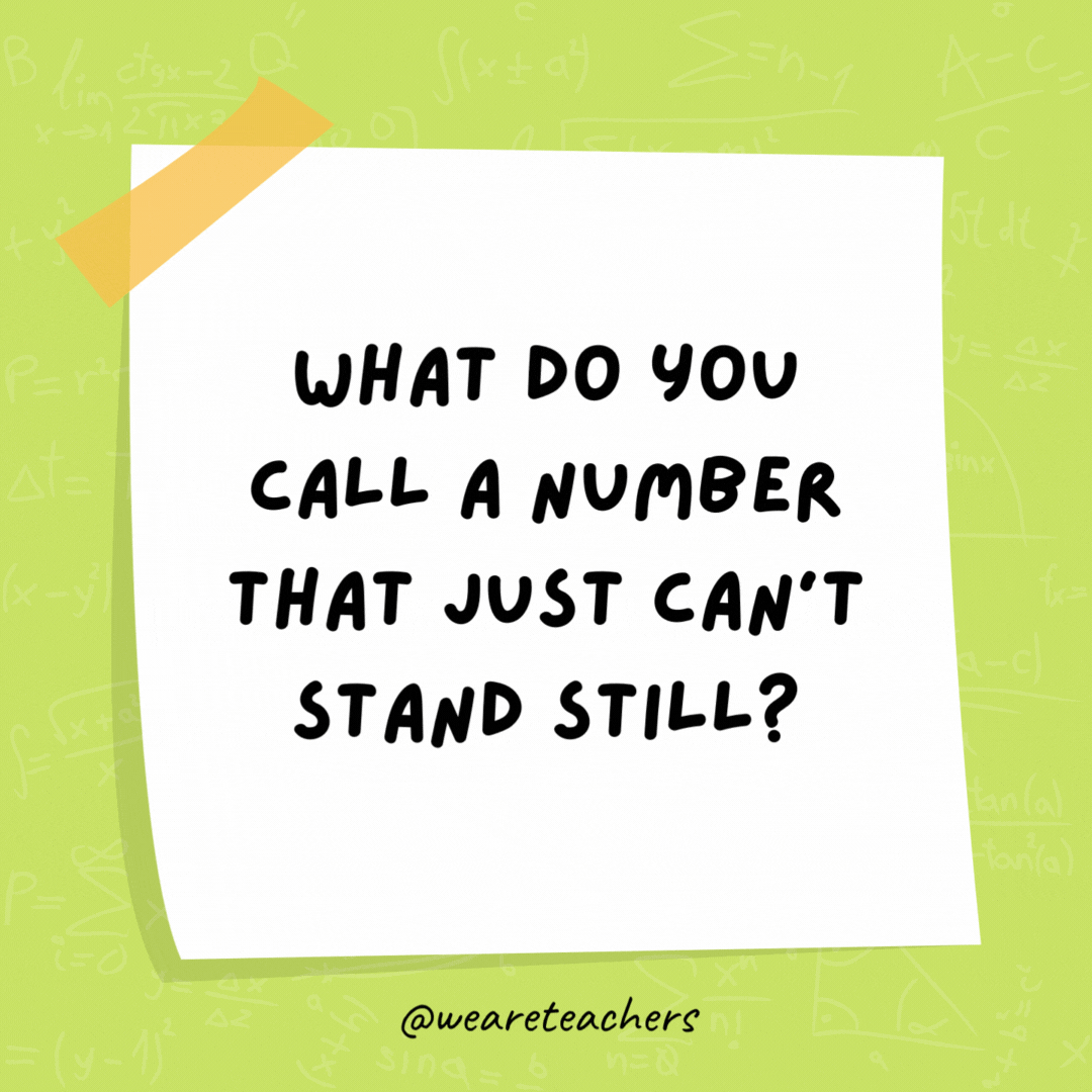 What do you call a number that just can't stand still? A roamin numeral.- math jokes
