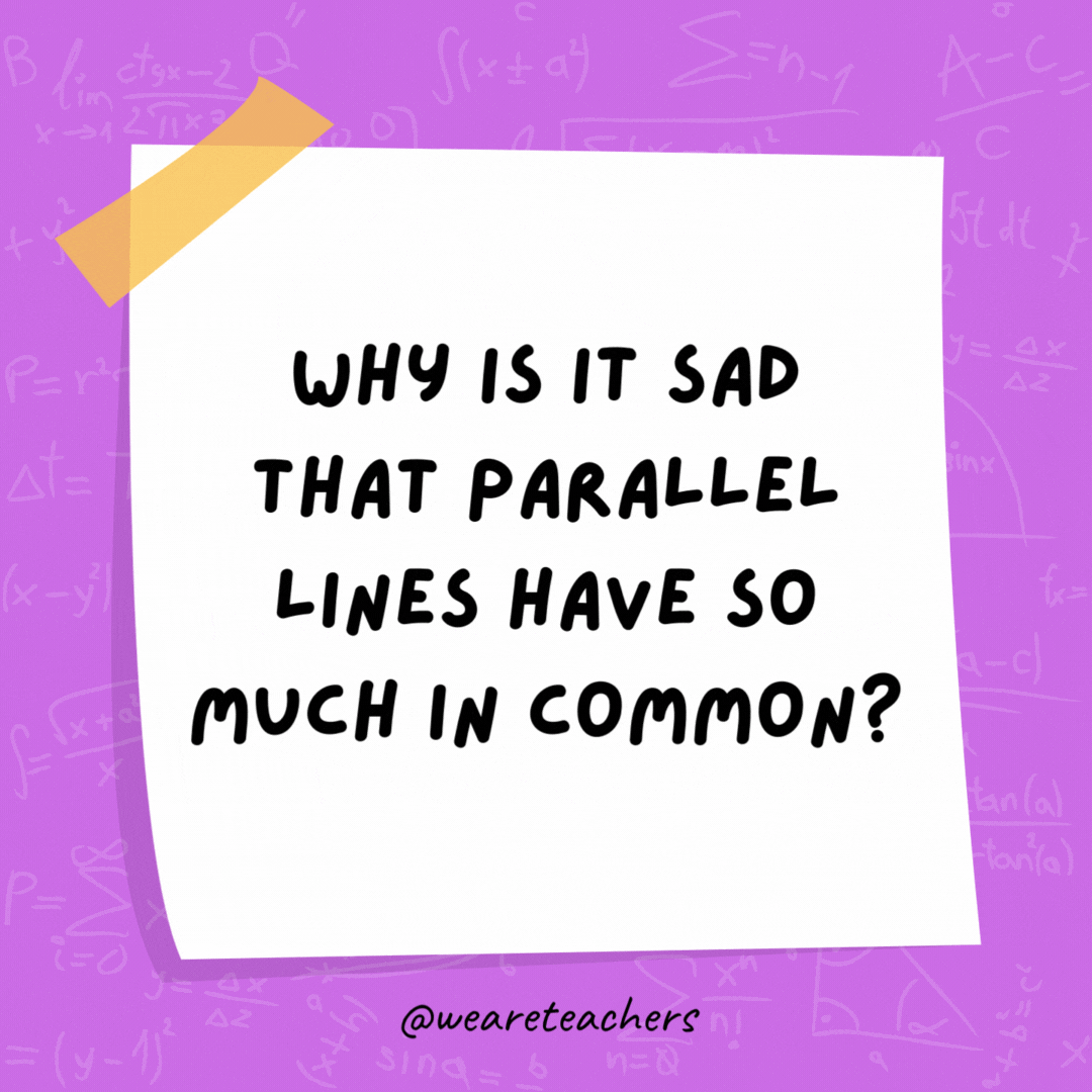 Why is it sad that parallel lines have so much in common? Because they’ll never meet.