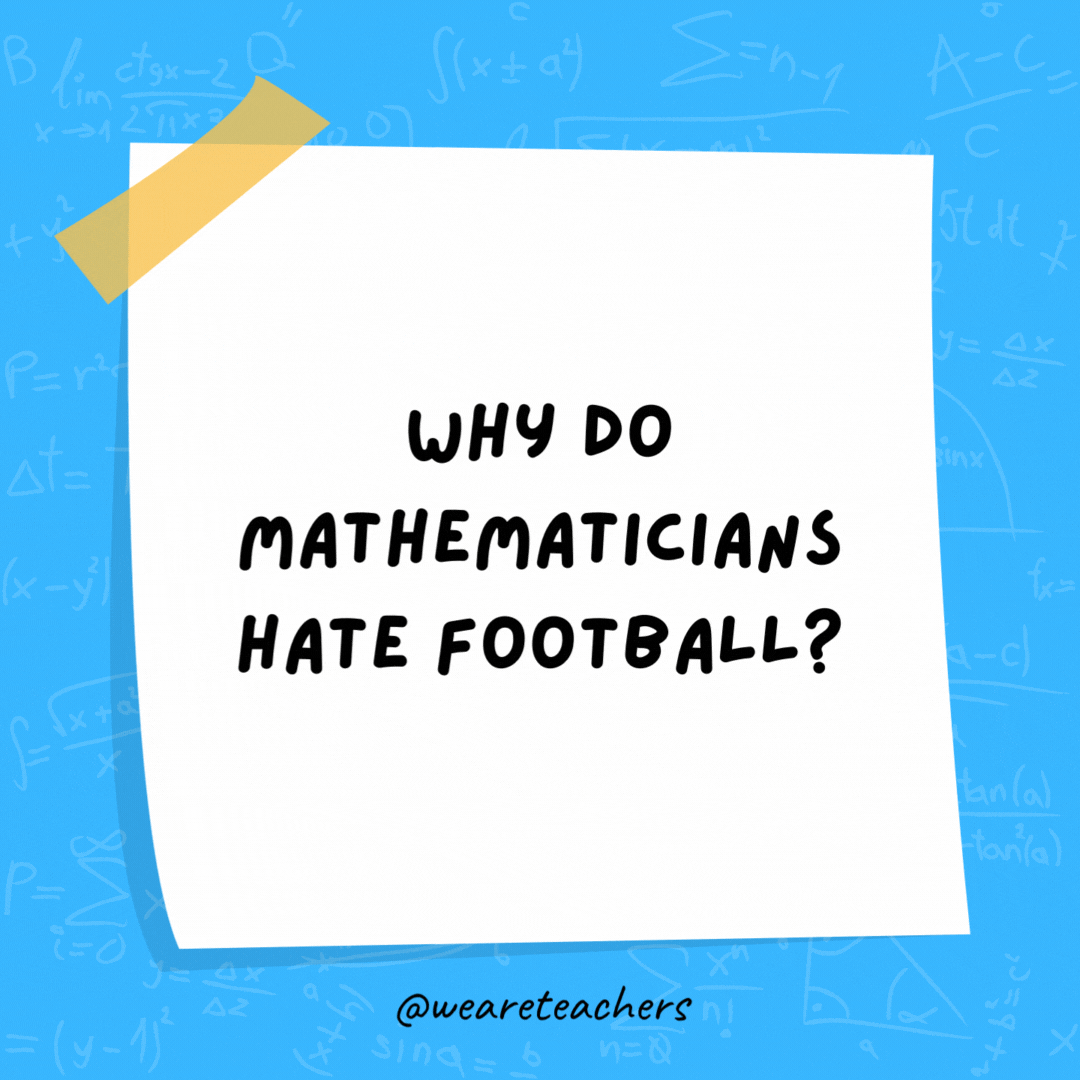 Why do mathematicians hate football?

Because they can't find the point.