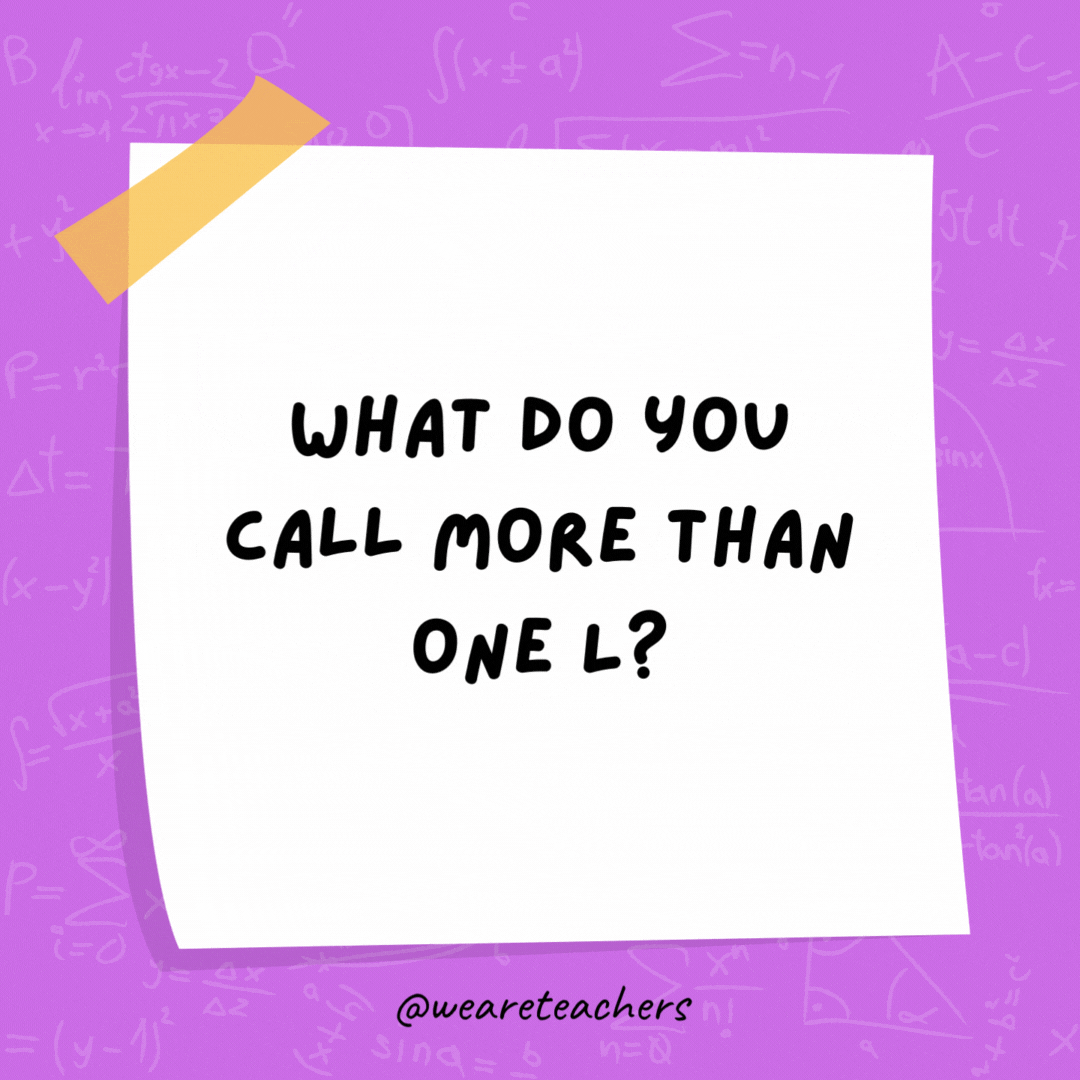 What do you call more than one L? A parallel.- math jokes