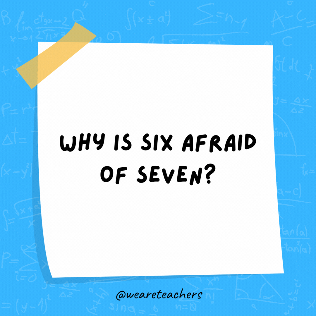 Why is six afraid of seven? Because seven eight nine!- math jokes