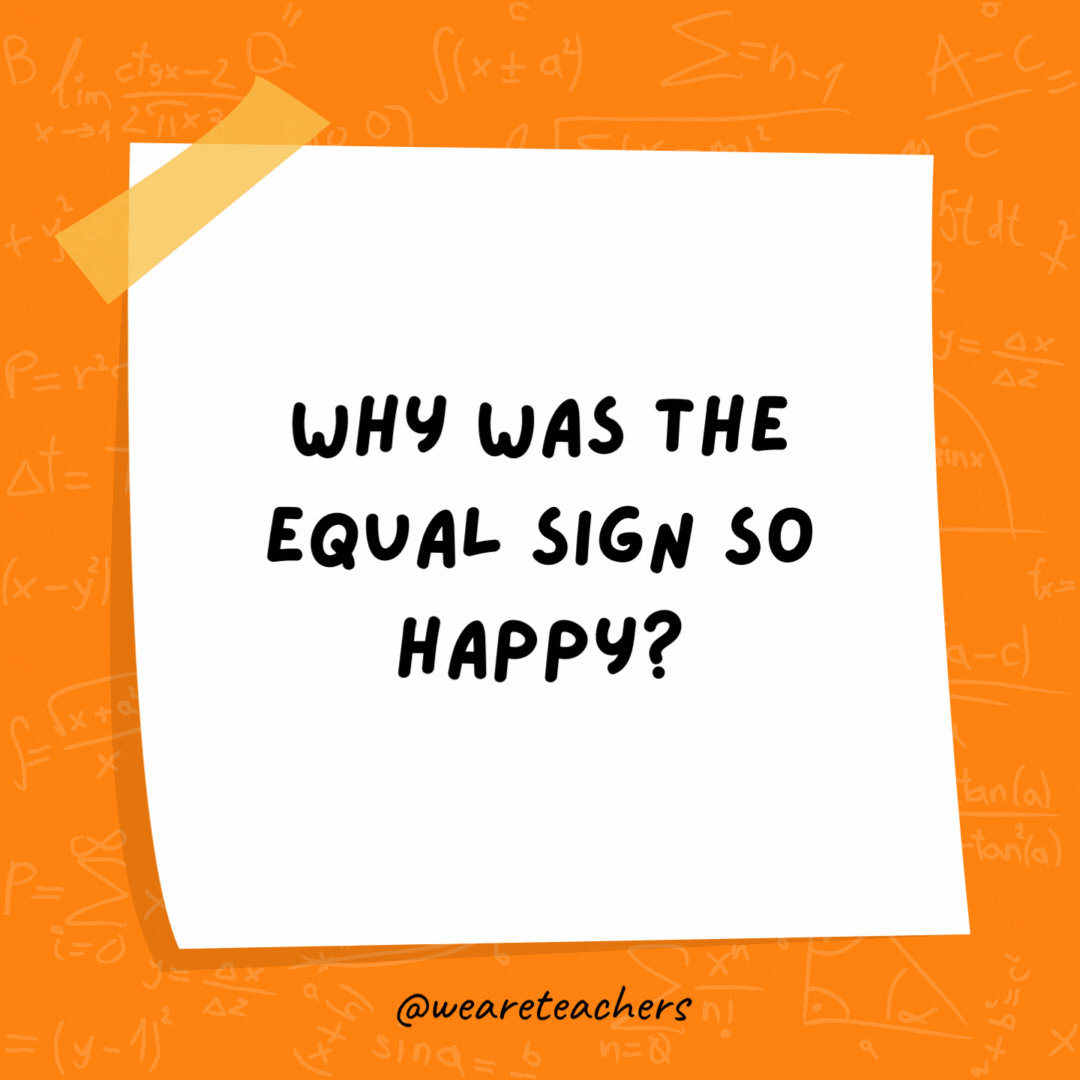 Why was the equal sign so happy?

Because it found its match.