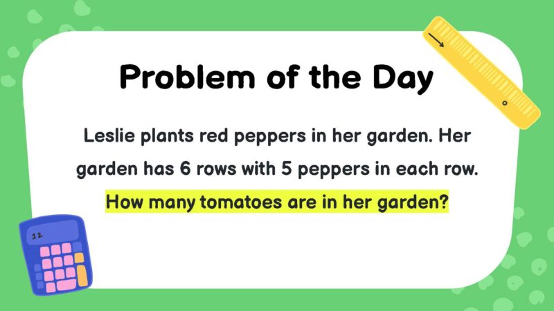 Leslie plants red peppers in her garden. Her garden has 6 rows with 5 peppers in each row. How many tomatoes are in her garden?