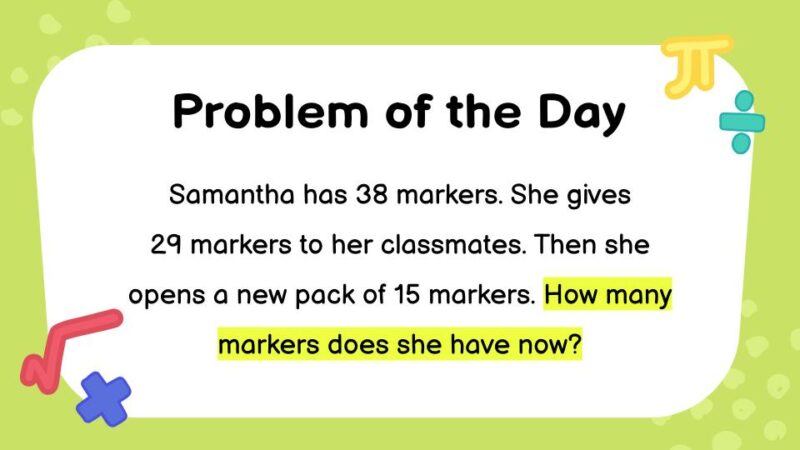 Samantha has 38 markers. She gives 29 markers to her classmates. Then she opens a new pack of 15 markers. How many markers does she have now?