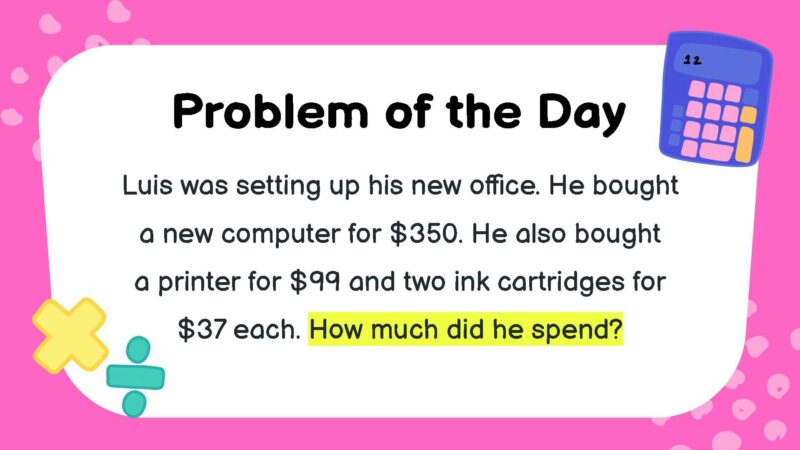 Luis was setting up his new office. He bought a new computer for $350. He also bought a printer for $99 and two ink cartridges for $37 each. How much did he spend?