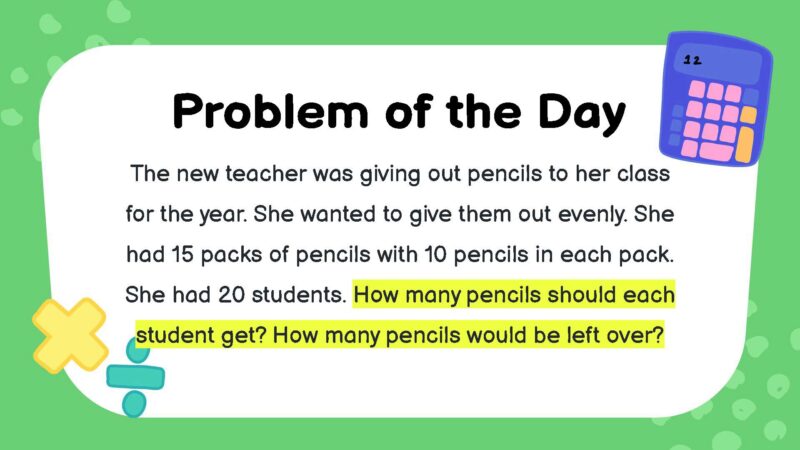The new teacher was giving out pencils to her class for the year. She wanted to give them out evenly. She had 15 packs of pencils with 10 pencils in each pack. She had 20 students. How many pencils should each student get? How many pencils would be left over?
