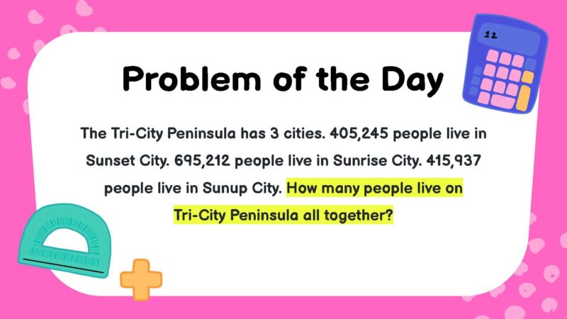 The Tri-City Peninsula has 3 cities. 405,245 people live in Sunset City. 695,212 people live in Sunrise City. 415,937 people live in Sunup City. How many people live on Tri-City Peninsula all together?- fifth Grade Math Word Problems