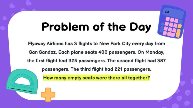 Flyaway Airlines has 3 flights to New Park City every day from San Sandoz. Each plane seats 400 passengers. On Monday, the first flight had 325 passengers. The second flight had 387 passengers. The third flight had 221 passengers. How many empty seats were there all together?- fifth Grade Math Word Problems