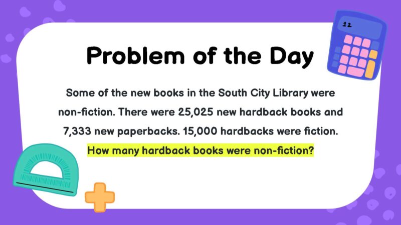 Some of the new books in the South City Library were non-fiction. There were 25,025 new hardback books and 7,333 new paperbacks. 15,000 hardbacks were fiction. How many hardback books were non-fiction?- fifth Grade Math Word Problems
