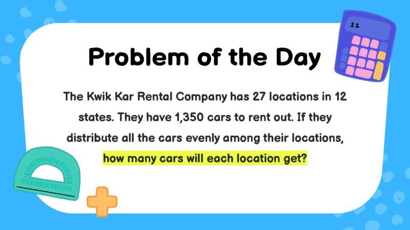 The Kwik Kar Rental Company has 27 locations in 12 states. They have 1,350 cars to rent out. If they distribute all the cars evenly among their locations, how many cars will each location get?