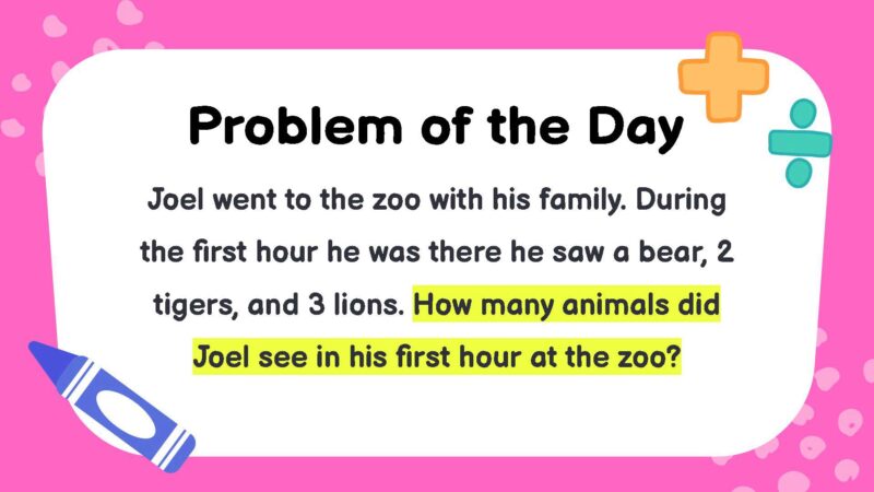 Joel went to the zoo with his family. During the first hour he was there he saw a bear, 2 tigers, and 3 lions. How many animals did Joel see in his first hour at the zoo?