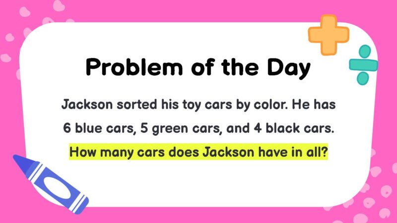 Jackson sorted his toy cars by color. He has 6 blue cars, 5 green cars, and 4 black cars. How many cars does Jackson have in all?