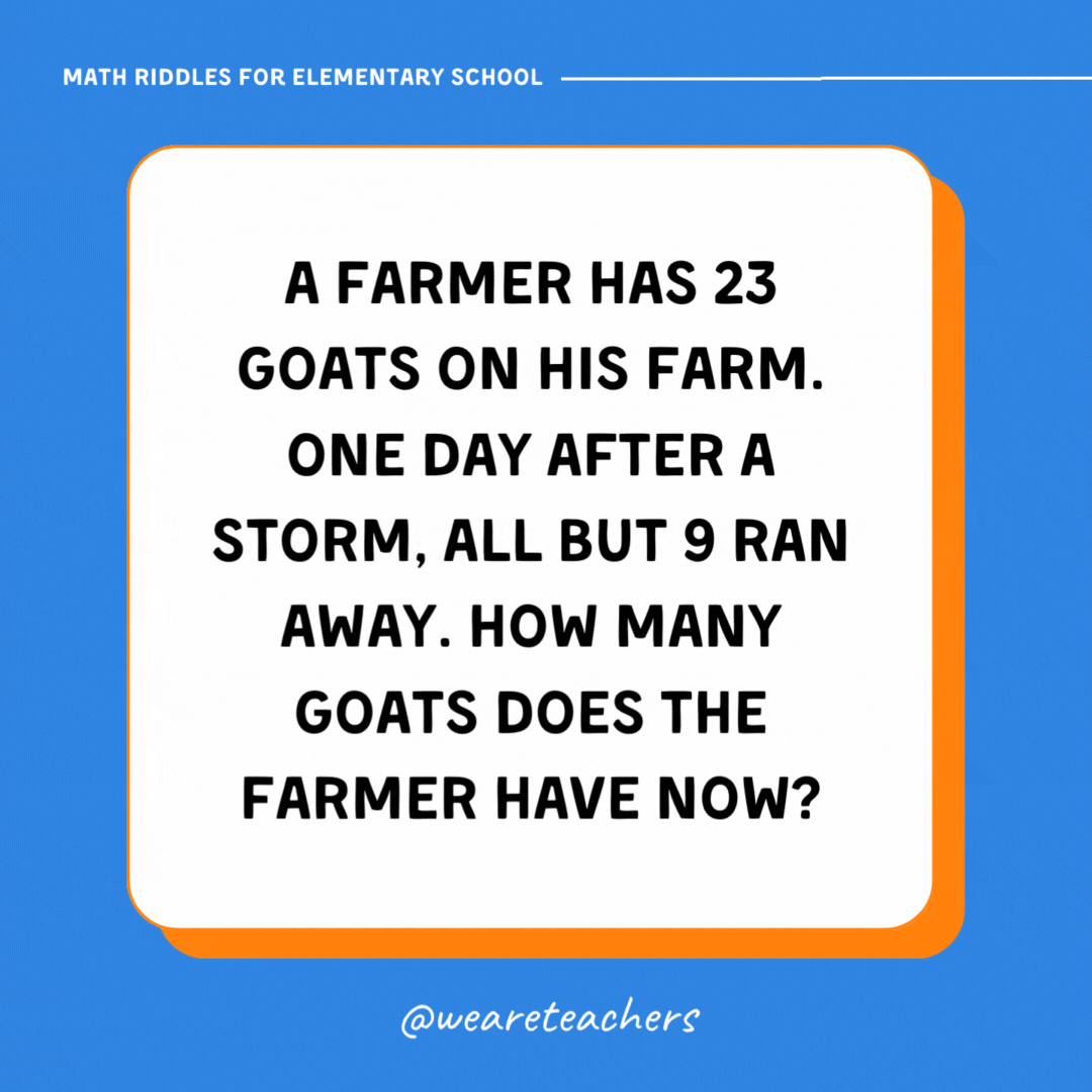 A farmer has 23 goats on his farm. One day after a storm, all but 9 ran away. How many goats does the farmer have now?