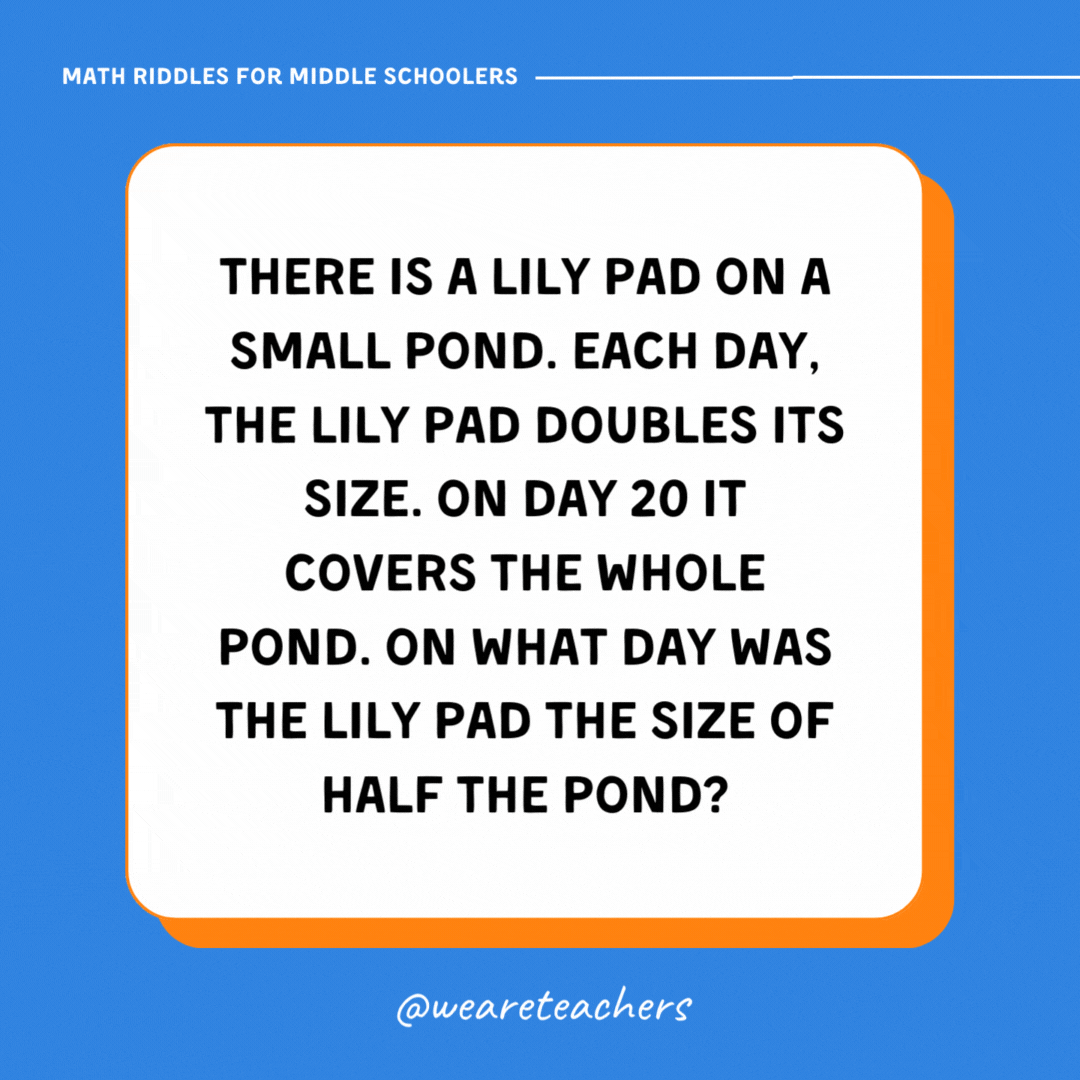 There is a lily pad on a small pond. Each day, the lily pad doubles its size. On day 20 it covers the whole pond. On what day was the lily pad the size of half the pond?- math riddles