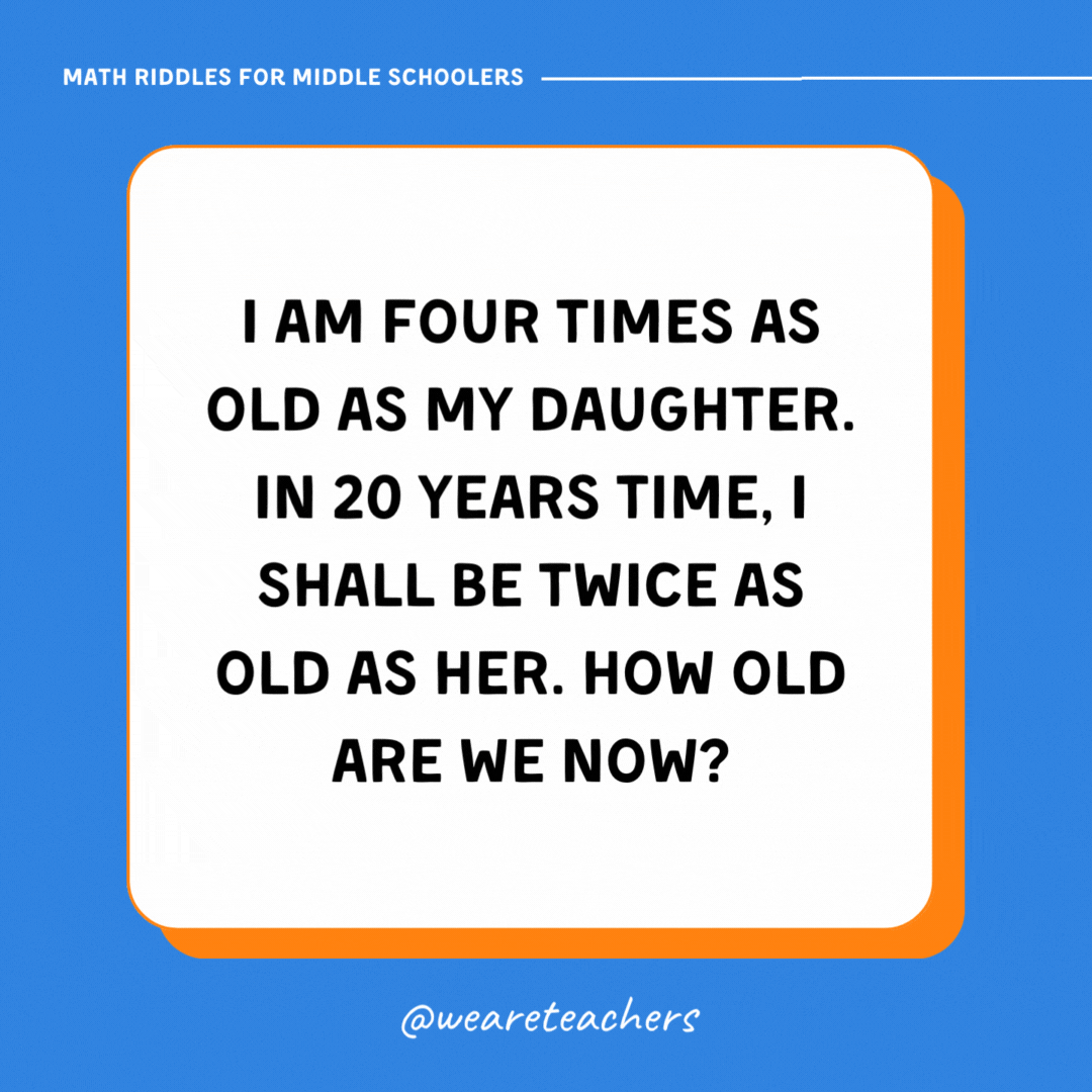 I am four times as old as my daughter. In 20 years time, I shall be twice as old as her. How old are we now?- math riddles