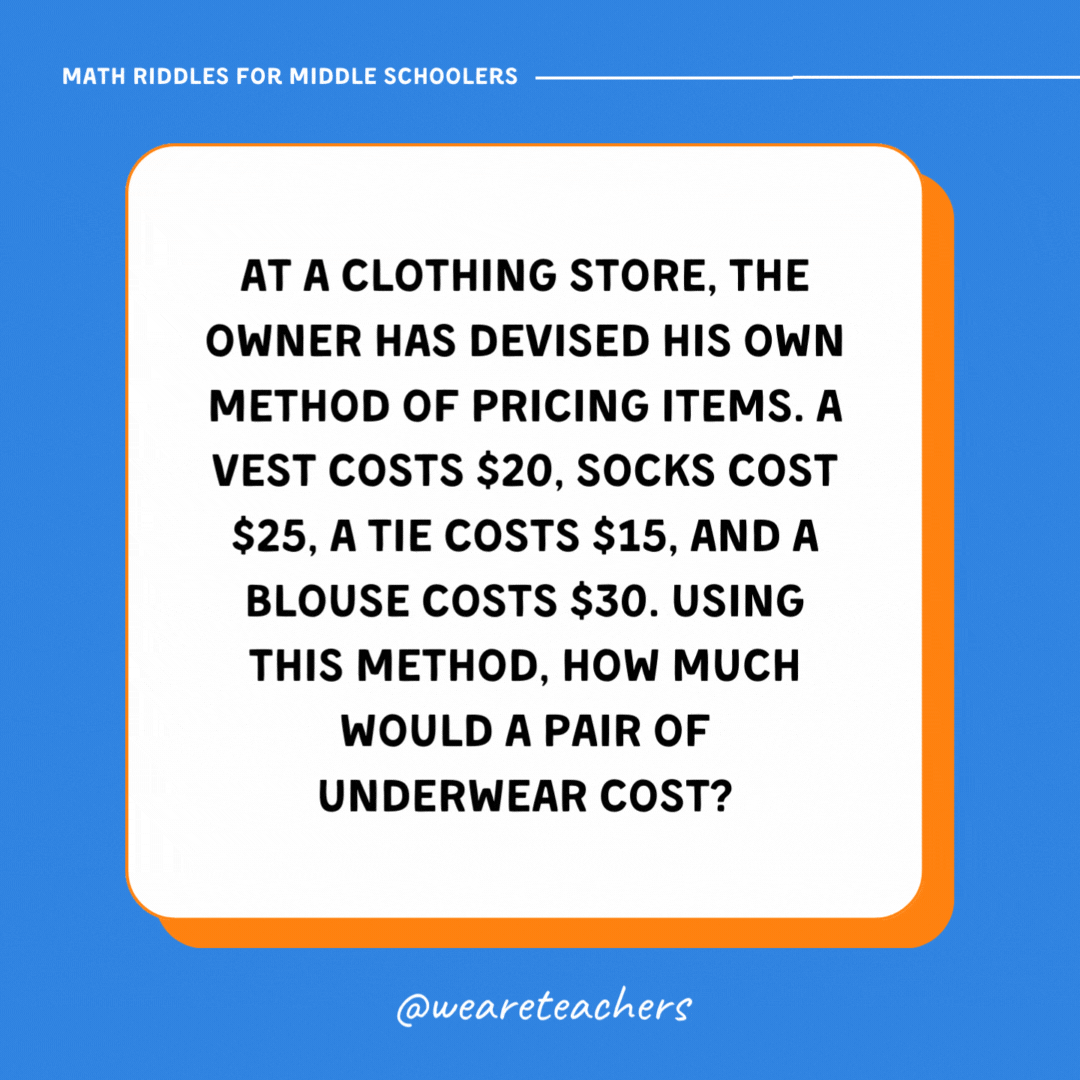 At a clothing store, the owner has devised his own method of pricing items. A vest costs $20, socks cost $25, a tie costs $15, and a blouse costs $30. Using this method, how much would a pair of underwear cost?