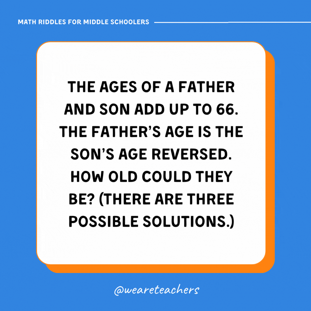 The ages of a father and son add up to 66. The father's age is the son's age reversed. How old could they be? (There are three possible solutions.) 