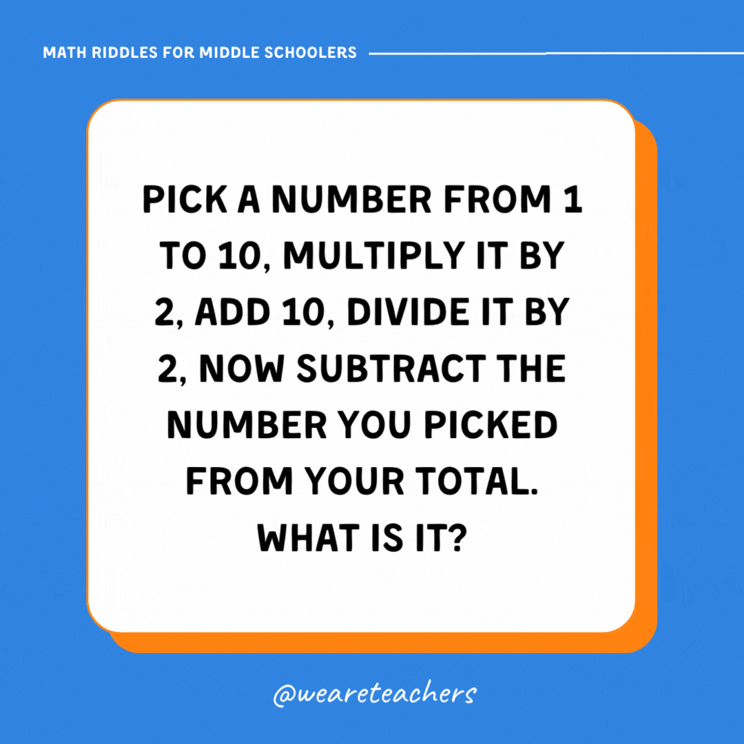 Pick a number from 1 to 10, multiply it by 2, add 10, divide it by 2, now subtract the number you picked from your total. What is it?