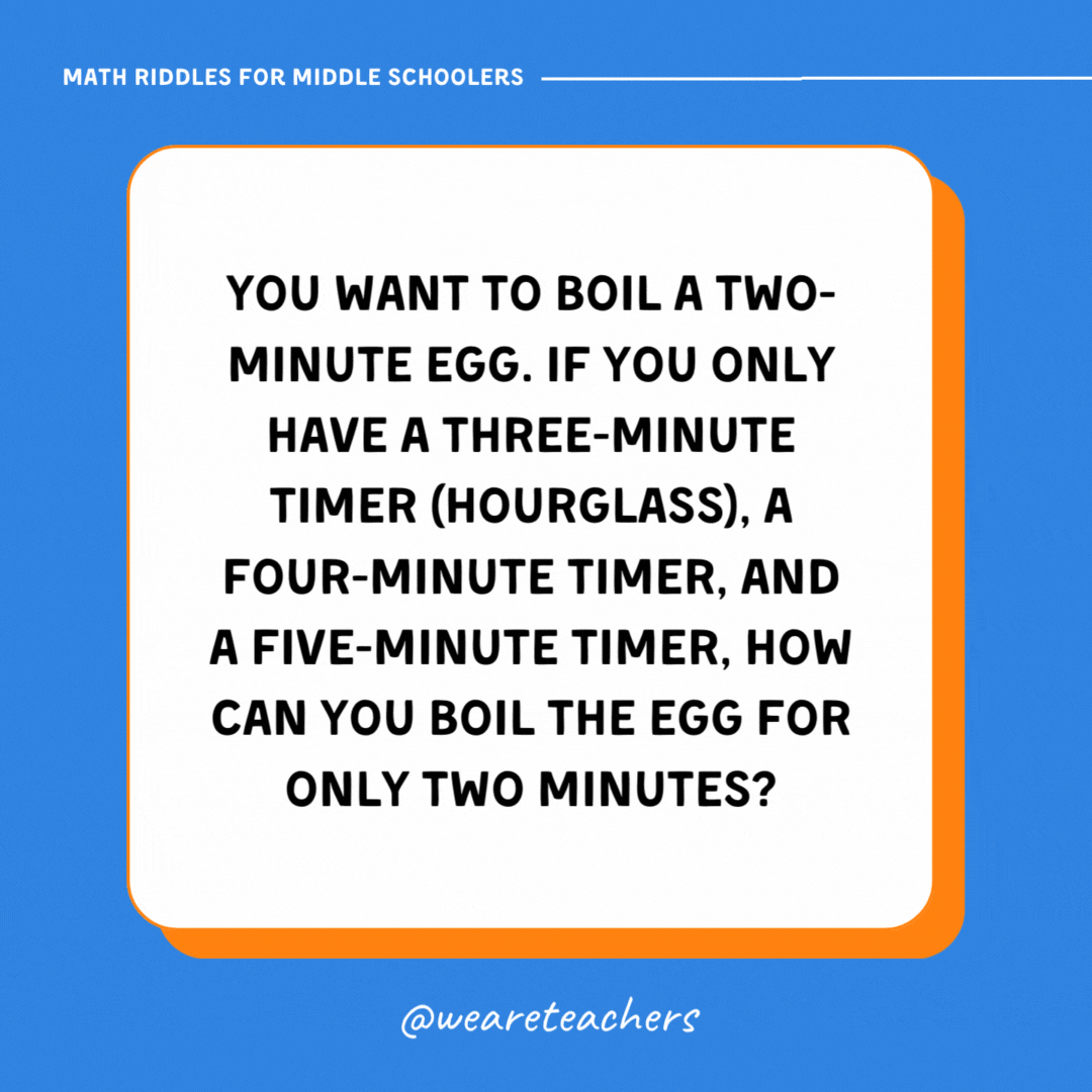 You want to boil a two-minute egg. If you only have a three-minute timer (hourglass), a four-minute timer, and a five-minute timer, how can you boil the egg for only two minutes?- math riddles
