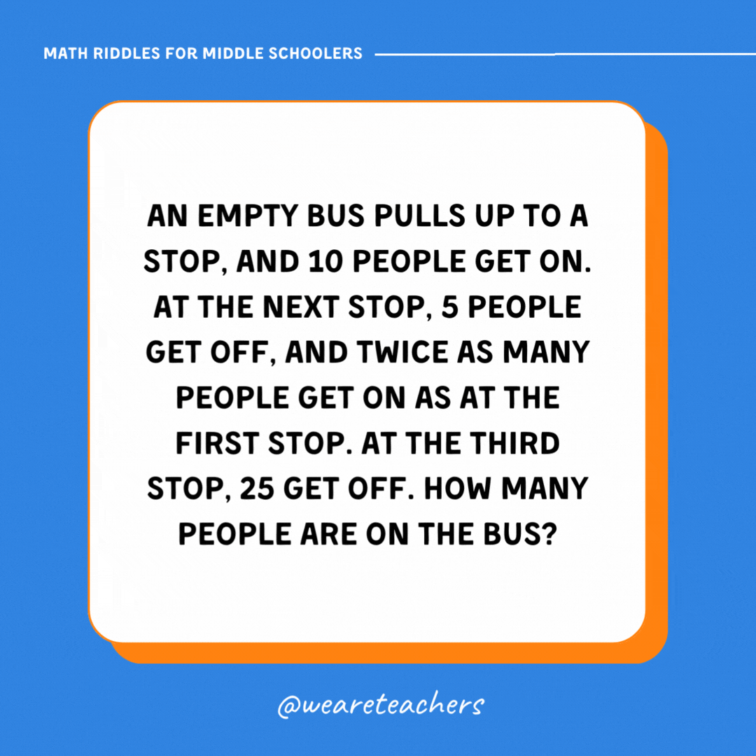 An empty bus pulls up to a stop, and 10 people get on. At the next stop, 5 people get off, and twice as many people get on as at the first stop. At the third stop, 25 get off. How many people are on the bus?- math riddles