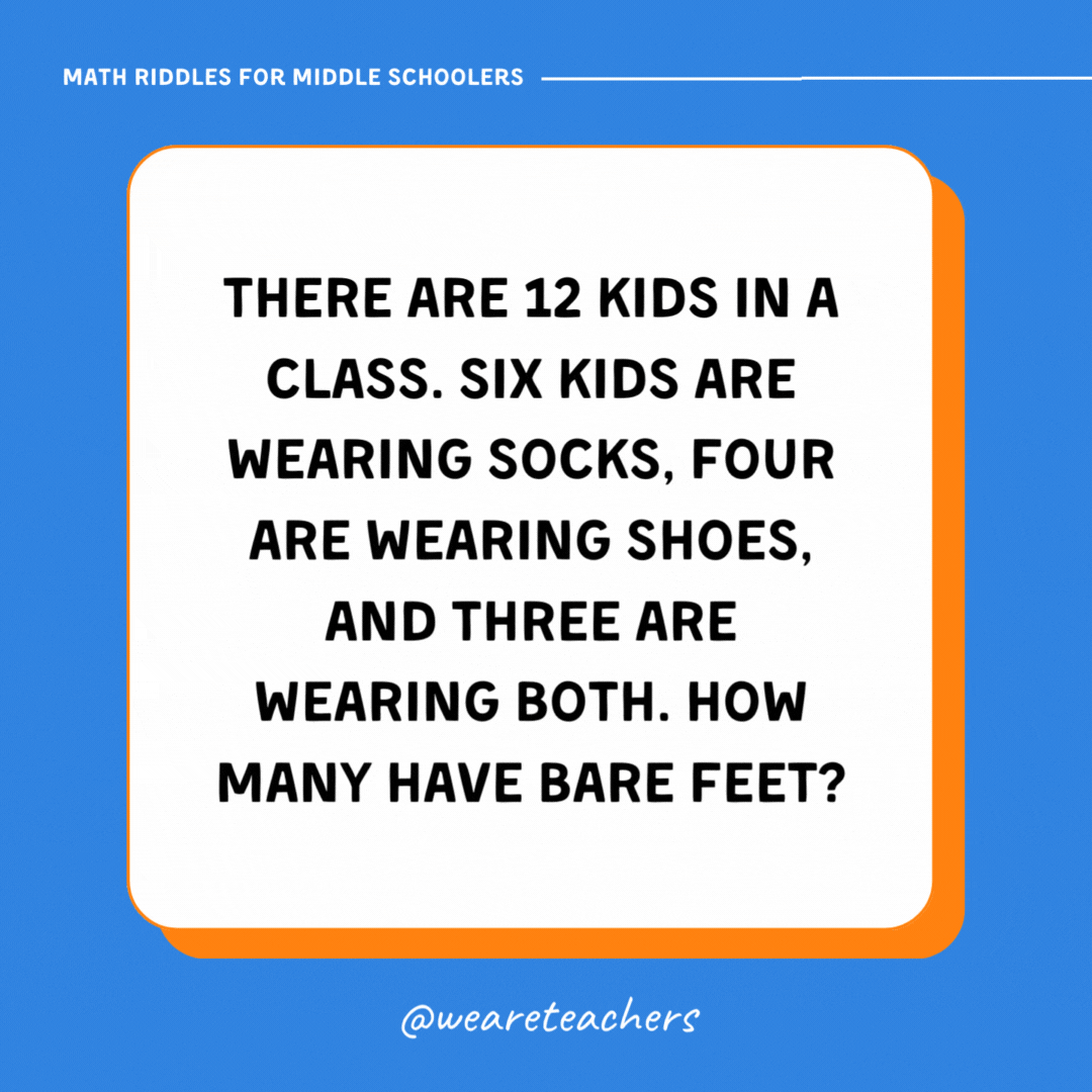 There are 12 kids in a class. Six kids are wearing socks, four are wearing shoes, and three are wearing both. How many have bare feet?