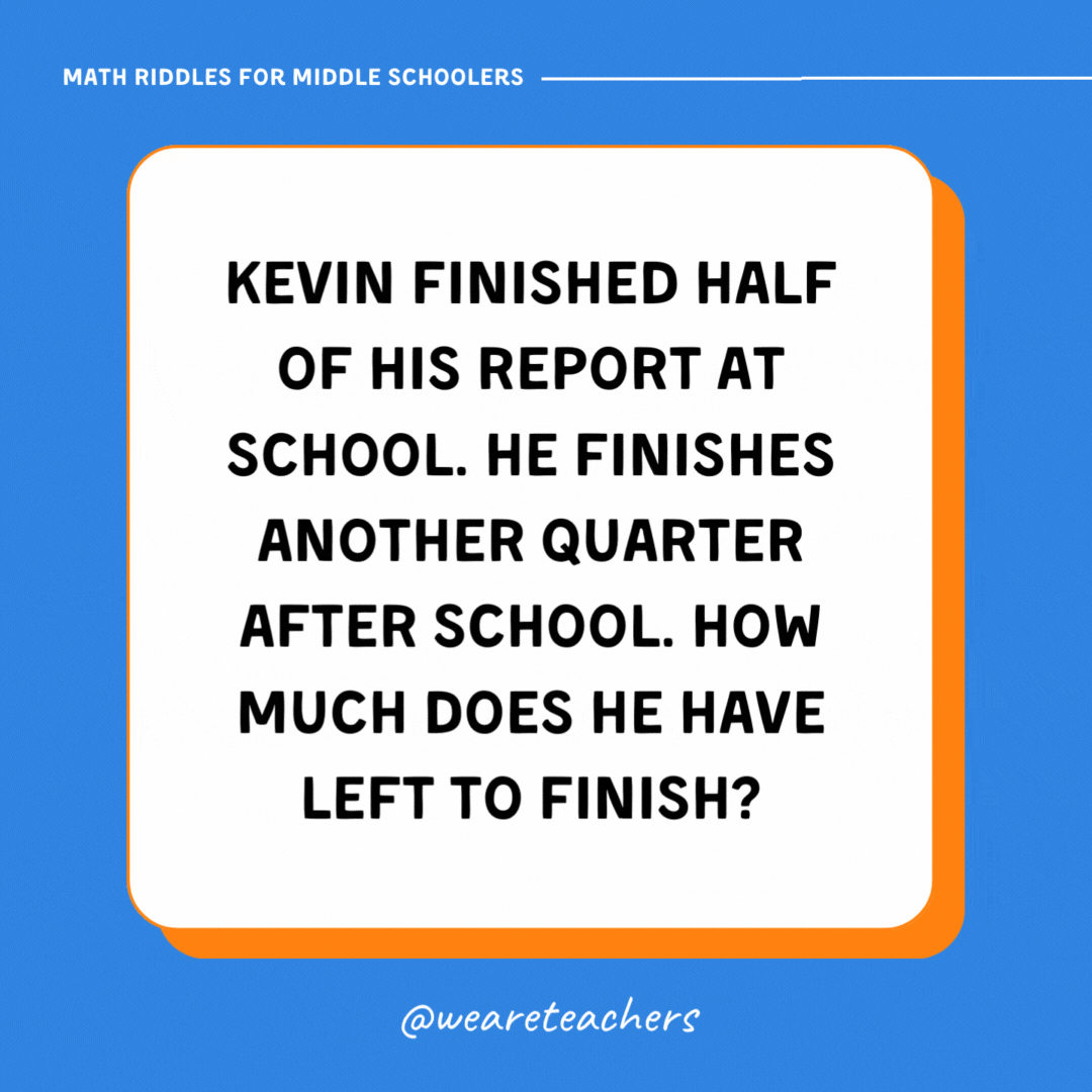 Kevin finished half of his report at school. He finishes another quarter after school. How much does he have left to finish?
