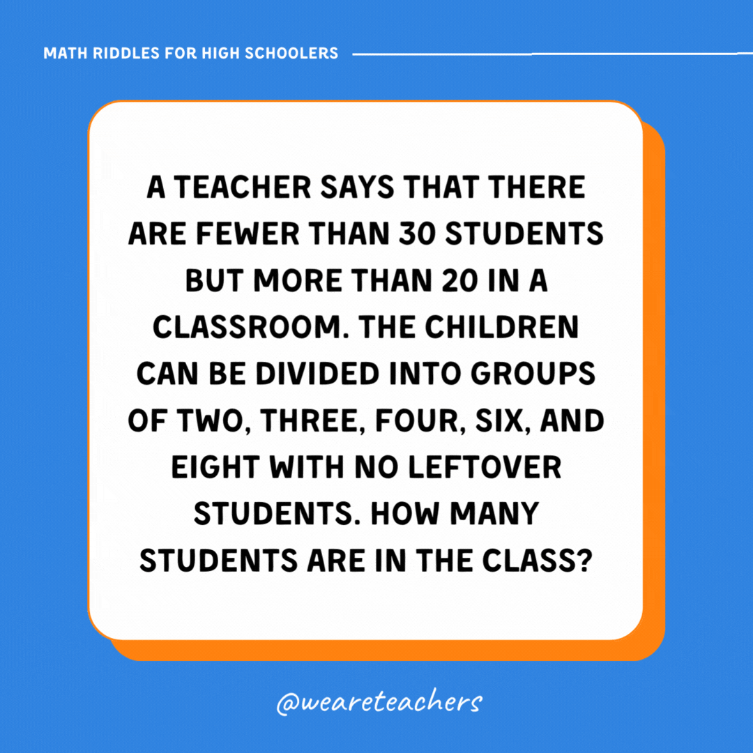 A teacher says that there are fewer than 30 students but more than 20 in a classroom. The children can be divided into groups of two, three, four, six, and eight with no leftover students. How many students are in the class?