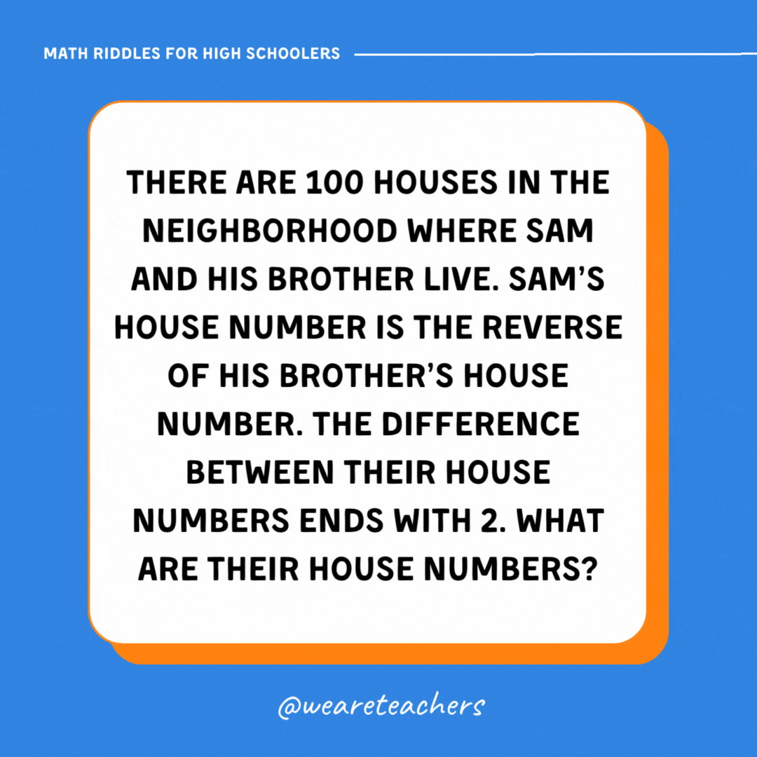 There are 100 houses in the neighborhood where Sam and his brother live. Sam’s house number is the reverse of his brother’s house number. The difference between their house numbers ends with 2. What are their house numbers?- math riddles