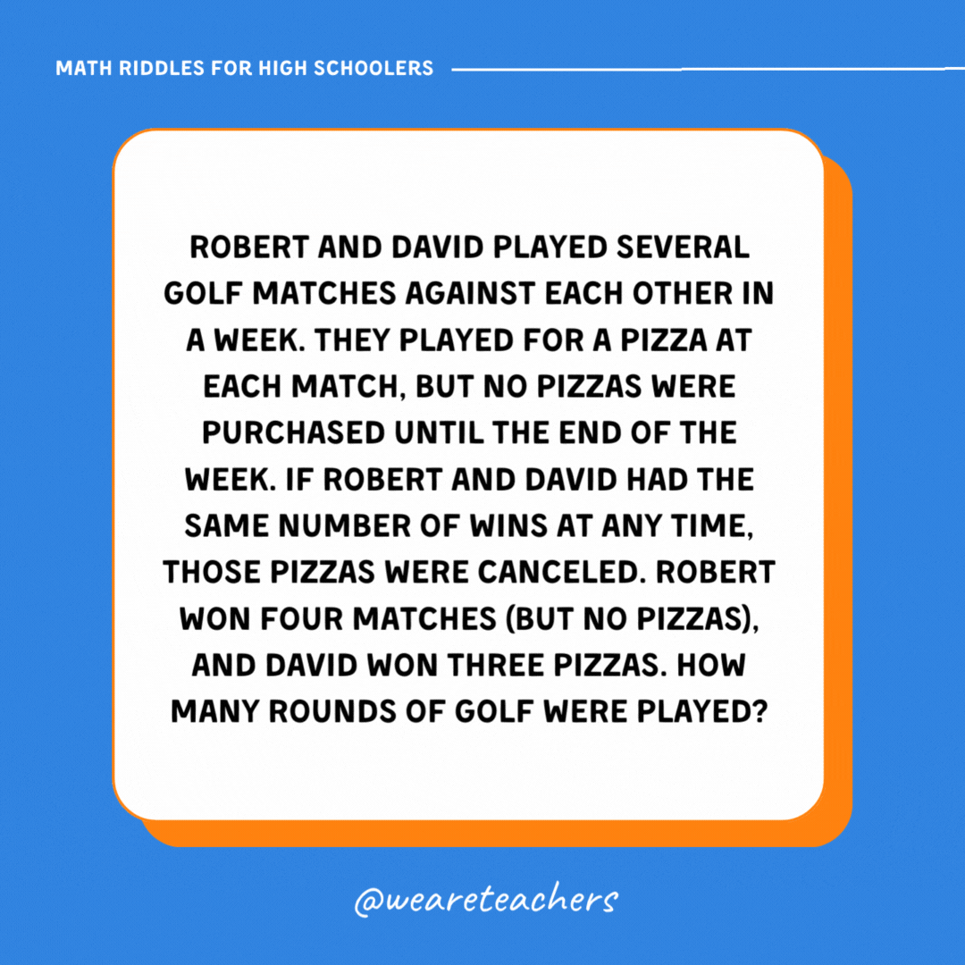 Robert and David played several golf matches against each other in a week. They played for a pizza at each match, but no pizzas were purchased until the end of the week. If Robert and David had the same number of wins at any time, those pizzas were canceled. Robert won four matches (but no pizzas), and David won three pizzas. How many rounds of golf were played?