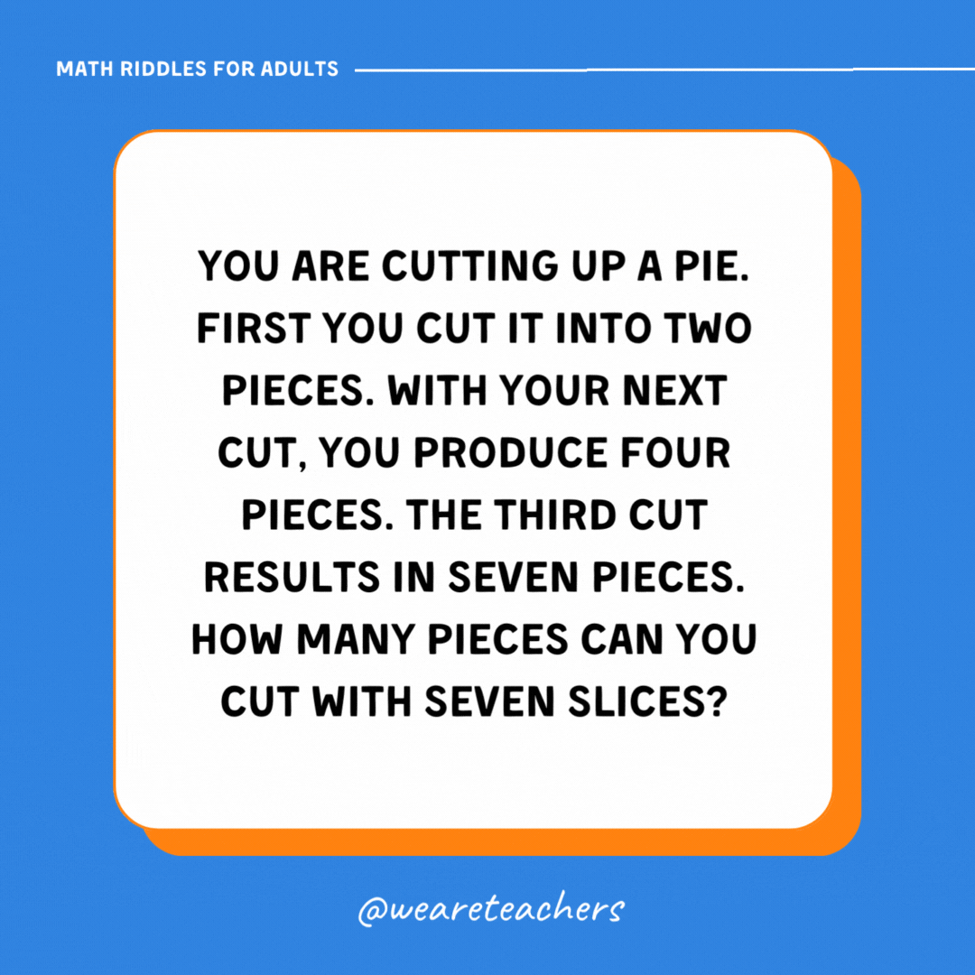 You are cutting up a pie. First you cut it into two pieces. With your next cut, you produce four pieces. The third cut results in seven pieces. How many pieces can you cut with seven slices?