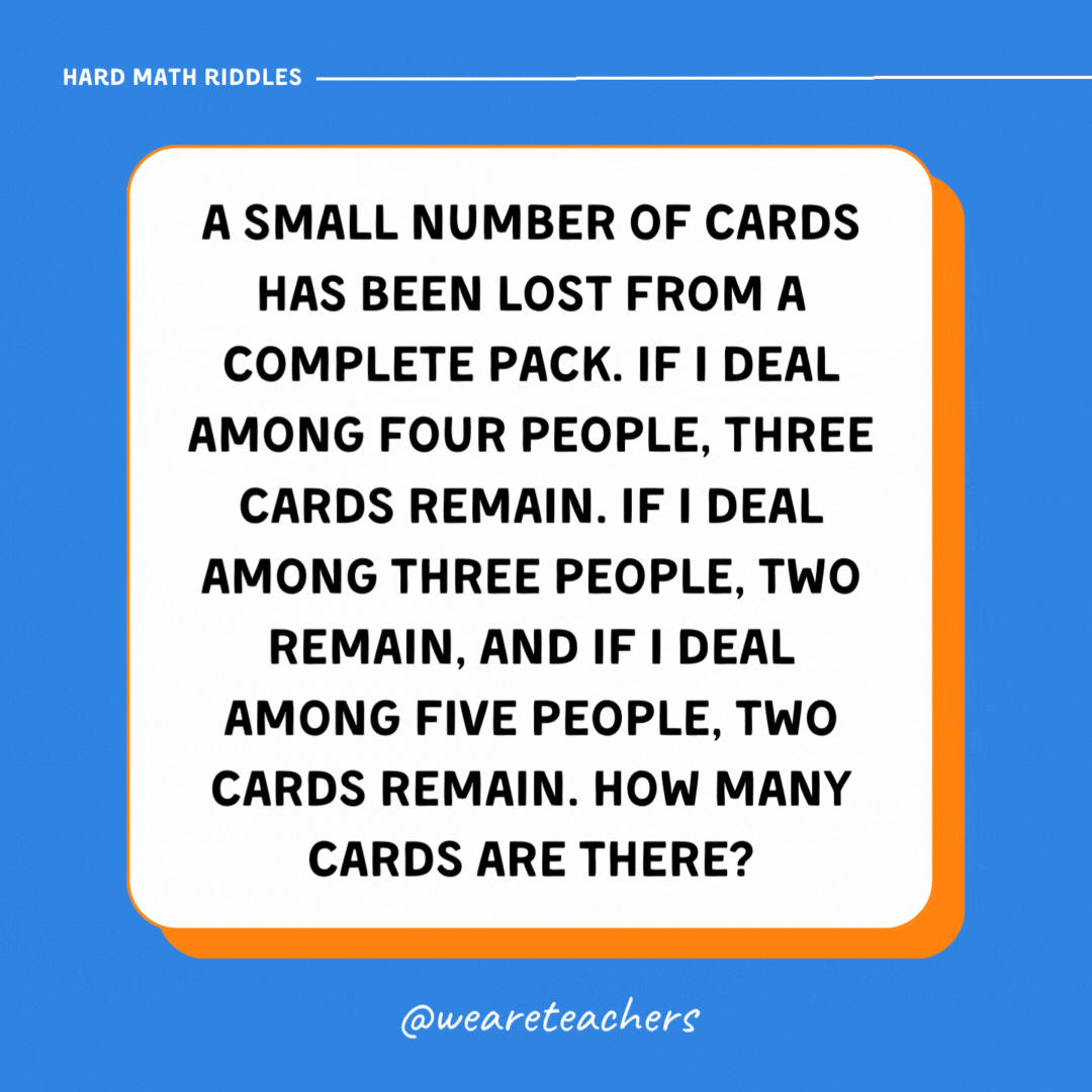 A small number of cards has been lost from a complete pack. If I deal among four people, three cards remain. If I deal among three people, two remain, and if I deal among five people, two cards remain. How many cards are there?