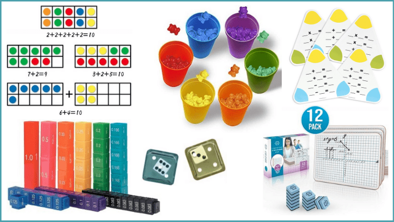various colored math supplies for 2nd graders.