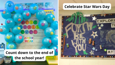 May bulletin boards that show a countdown to the end of the year and a Star Wars day bulletin board side by side.