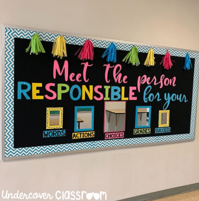 Bulletin board saying Meet the person responsible for your words, actions, choices, grades, success. Small mirrors appear over each of the list items so kids can see their own reflections.