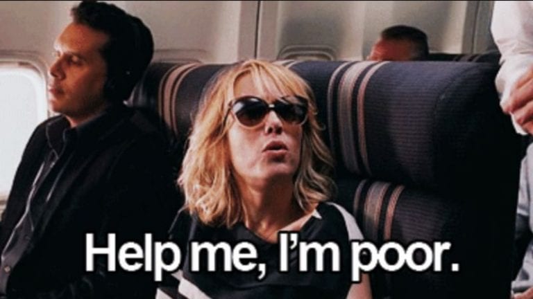 A woman wearing sunglasses on a plane says, "Help me, I'm Poor" Meme about Teacher Pay.